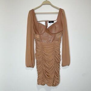 AKIRA Womens Ruched Mesh & Faux Leather Bodycon Mini Dress - Size L